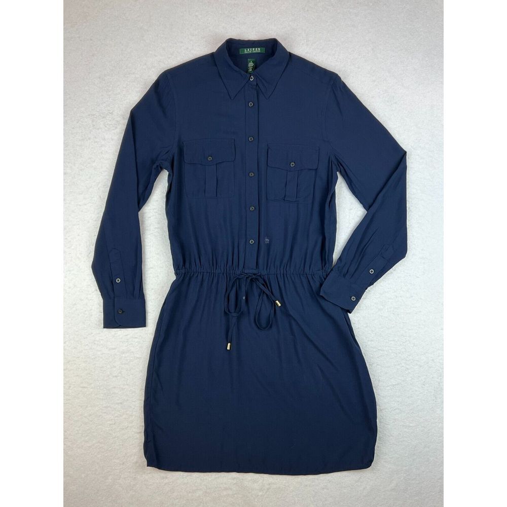 New NWT Womens Lauren Ralph Lauren Navy Blue Long Sleeve Shirt Dress Size 4